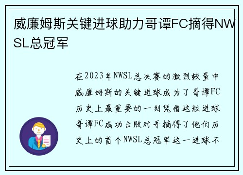 威廉姆斯关键进球助力哥谭FC摘得NWSL总冠军 威廉姆斯关键进球助力哥谭FC摘得NWSL总冠军